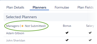 Annotated screenshot showing a list of selected planners for a compensation plan, the Not Submitted indicator highlighted